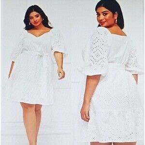 Eloquii Elements White Eyelet Cotton Puff Sleeve Belted Short Flare Dress Sz 22